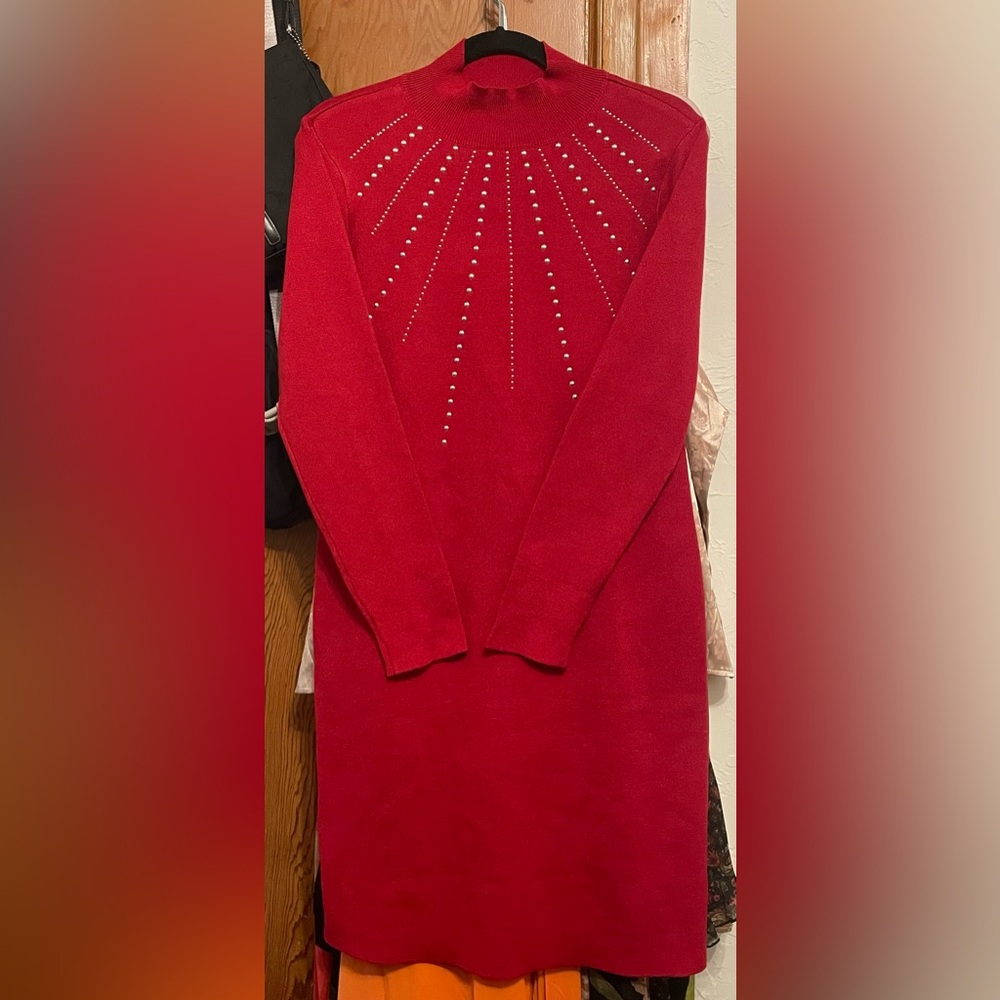 Nina Leonard Red Long Sleeve Dress